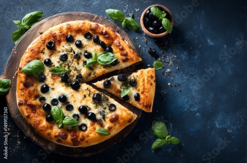Pizza with olives and basil...