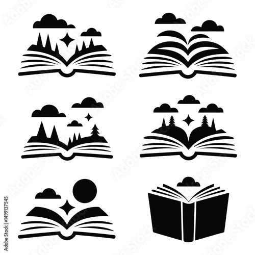 Books unveiling mystical worlds starry nights and forest adventures silhouetted against a cream