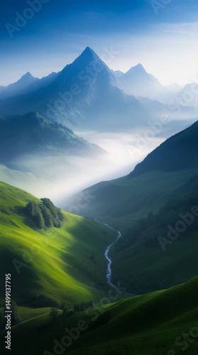 Majestic mountain landscape with green valleys, flowing stream, and misty atmosphere under blue sky.