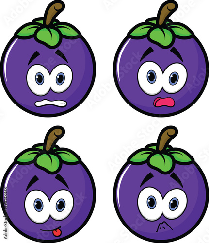 Cute Cartoon Mangosteen Vector Illustration - Kawaii Purple Fruit Character, Tropical Clipart