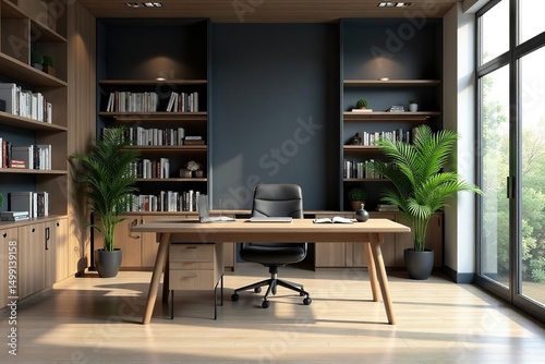 A modern, minimalist lawyer office interior Desk, chairs, bookshelves, plants , modern, office interior