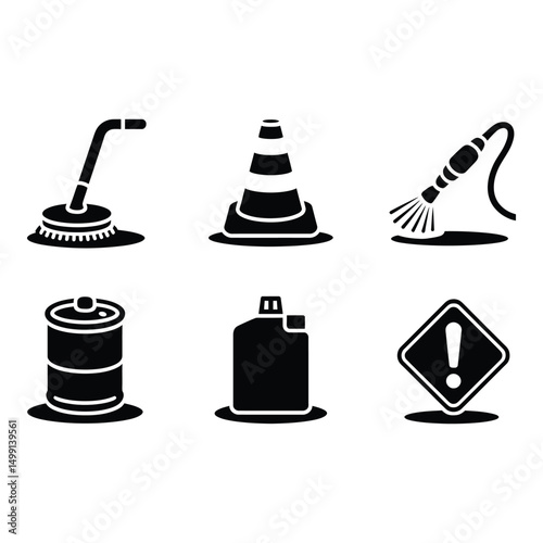 Cleaning and Safety Symbols Showcasing Tools Chemicals and Warnings in High Contrast Black