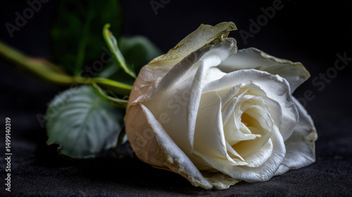 Close-up of a single white rose on a black background, symbolizing mourning and remembrance, slightly wilted to emphasize the somber theme.
