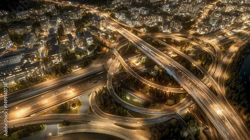 Closeup of a busy city interchange at night with glowing car lights and illuminated highways under a dark urban skyline