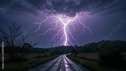 Wallpaper Mural Bright lightning bolt striking road during night thunderstorm, showing powerful natural energy and danger in extreme weather conditions. Torontodigital.ca