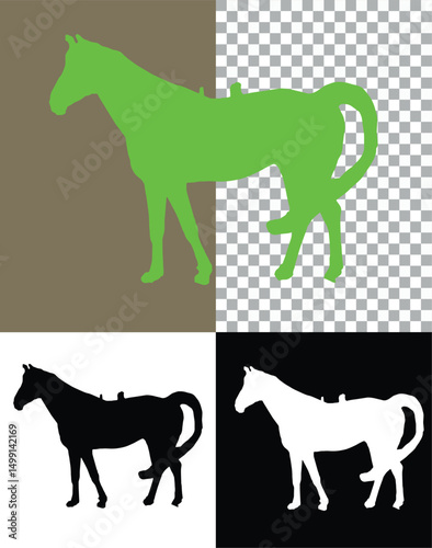 A vector illustration of a black horse silhouette, an isolated pet animal with an outline drawing of its tail