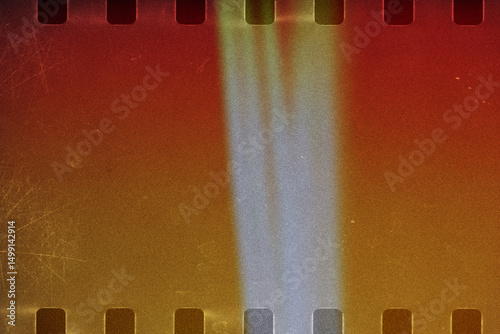 Film stripe black background with red light leaks, broken color tone. Dusty scratched and scanned old film texture.