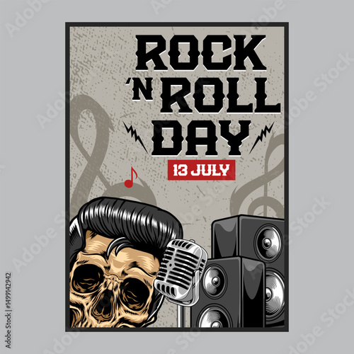 Grunge style poster for Rock ‘n Roll Day featuring a skull with retro hairstyle, vintage microphone, bold typography, speakers, and music notes