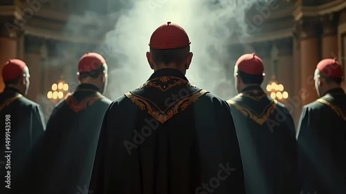 Cardinals in Smoke-Filled Cathedral During Religious Ceremony