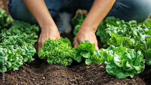 young woman planting lettuce