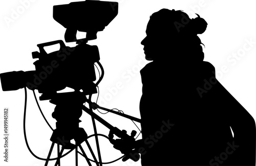 A silhouette of a woman holding a video camera. 