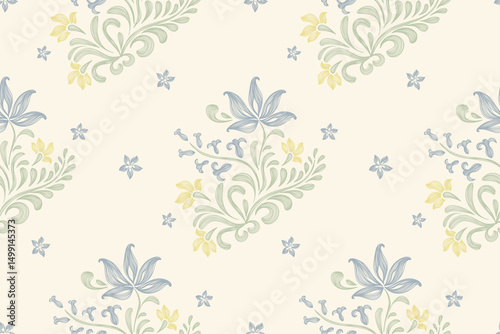 Vintage floral ethnic tapestry modern embroidery texture boho design vector illustration hand drawn silhouette indigo blue flower motif branches leaves wallpaper seamless background border.