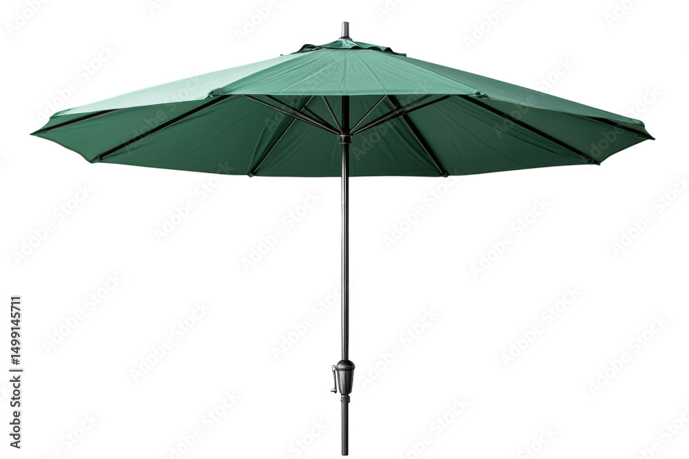 Obraz premium Green patio umbrella, outdoor garden sunshade canopy with metal pole and ribs, folded parasol accessory for terrace isolated on Transparent Background