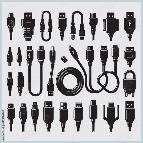 Electronic cables, computer connectors, tech accessories, USB plugs, black silhouettes