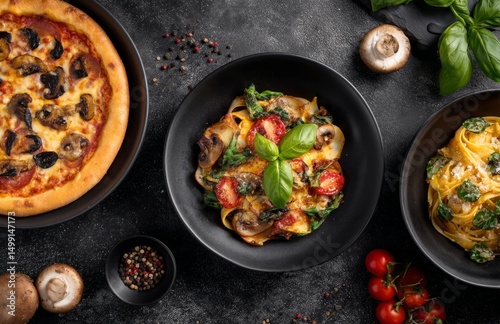 Pizza and pasta dishes on a...