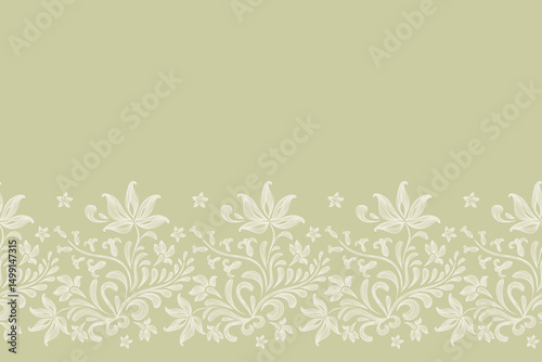 Vintage floral ethnic tapestry modern embroidery texture boho design vector illustration hand drawn silhouette white flower motif branches leaves wallpaper seamless green background border.