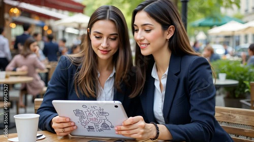 Wallpaper Mural Two business women smiling and reading documents together in outdoor setting, modern lifestyle and teamwork in professional space. Torontodigital.ca