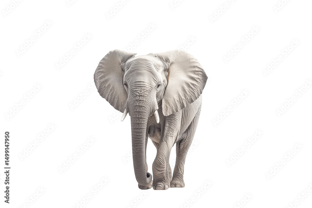 Fototapeta premium Realistic African elephant PNG, wildlife animal front view portrait, detailed gray mammal graphic for nature design isolated on Transparent Background