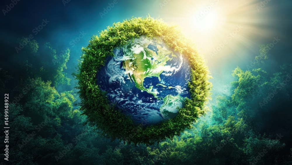 Naklejka premium a realistic planet earth made of lush green forests, with the sun shining on it from above