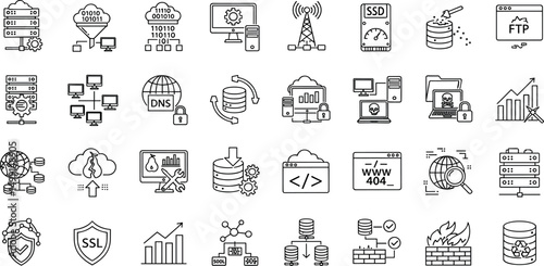 Data Center Line Editable Icons set. Vector illustration in modern thin line style of technology related icons: server, hosting, technical support, and more.