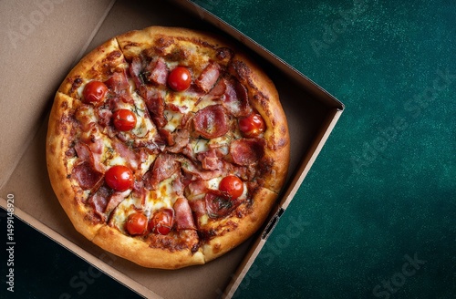 Pizza with bacon, cherry to...