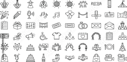 Event Planning Line Editable Icons set. Vector illustration in thin line modern style of party related icons: organization, decoration, planning, food and drink, and more.