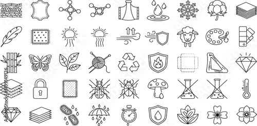 Fabric Features line Editable Icons set. Vector illustration in thin line modern style of textile related icons: Thermo, recycled, bamboo, and more.