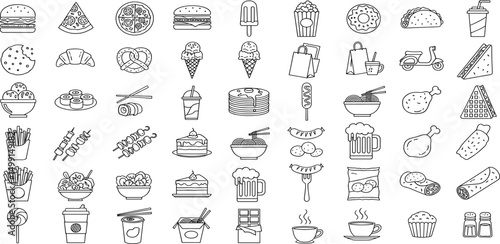 Fast Food Editable Icons set. Vector illustration in modern thin line style of restaurant menu related icons: burger, French fries, desserts, and more.