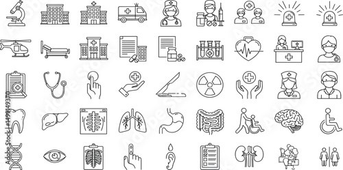 Hospital Line Editable Icons set. Vector illustration in modern thin line style of medicine related icons: doctor, ambulance, treatment, and more.