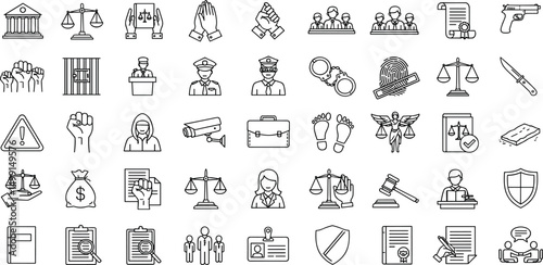 Law and justice icon set. Containing judge, court, legal, lawyer, judgement, jury, crime, prison, police, attorney, gavel and more. Editable line icons.