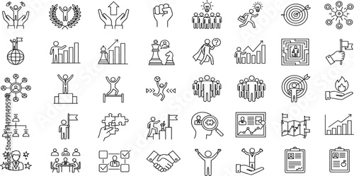 Leadership icon set. Containing management, leader, business, vision, guidance, mentorship, coaching, influence, delegation and more. Editable line icons.