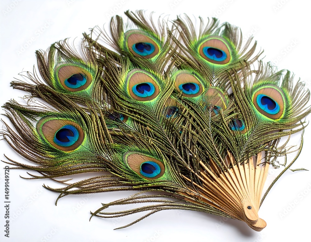 Obraz premium A fan made of peacock feathers with vibrant colors against a white background