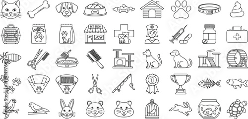 Pet and Veterinary Line Editable Icons set. Vector illustration for web and mobile app. Domestic pets related icons: dog, cat, rabbit, hamster, bird, fish, aquarium, pet carrier, pet bowl, and more