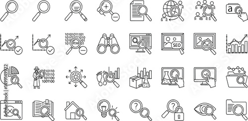 Search icon set. SEO related icons: research, marketing, data analysis, find, inspector, monitoring, magnify glass, management and more.
