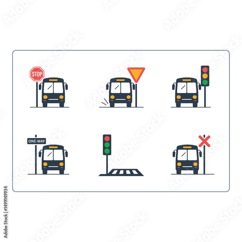Illustrations of buses following road safety rules like stop yield one way signs in flat vector