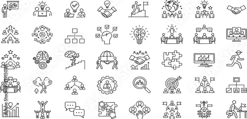 Teamwork icon set. Business related line icons: meeting, cooperation, support, collaboration, partnership, society, workshop, work group, human resource and more.