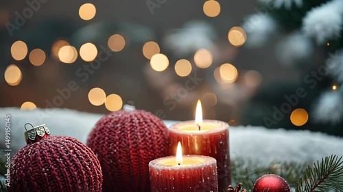 A burning candle next to yarn and lights creates a cozy holiday ambiance with warm tones and soft textures.
