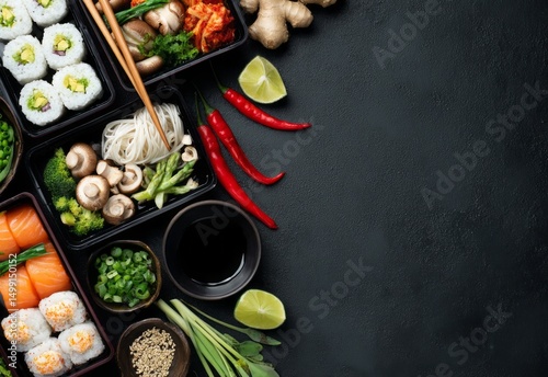 Assorted sushi and Asian fo...