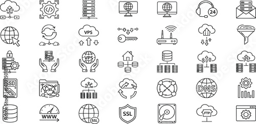 Web hosting icon set. Containing internet, cloud computing, server, database, SSL, FTP, domain, firewall, data hosting, website and more. Editable line icons. 