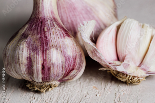 Fresh garlic bulbs on rustic white background
