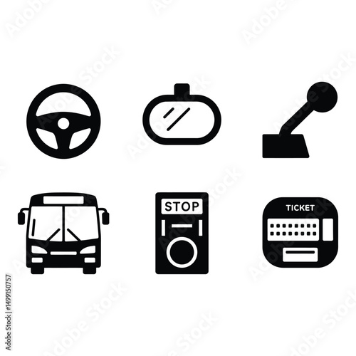 Mastering the Road A symbolic bus journey with steering wheel tickets and stop in bold black white