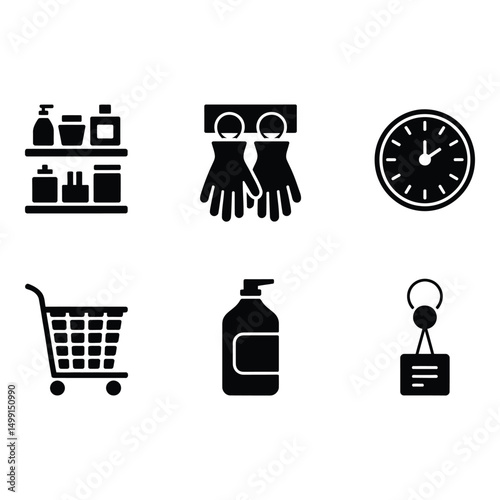 Navigating Daily Life Essentials for Cleaning Shopping and Time Management in Simple Black Icons on
