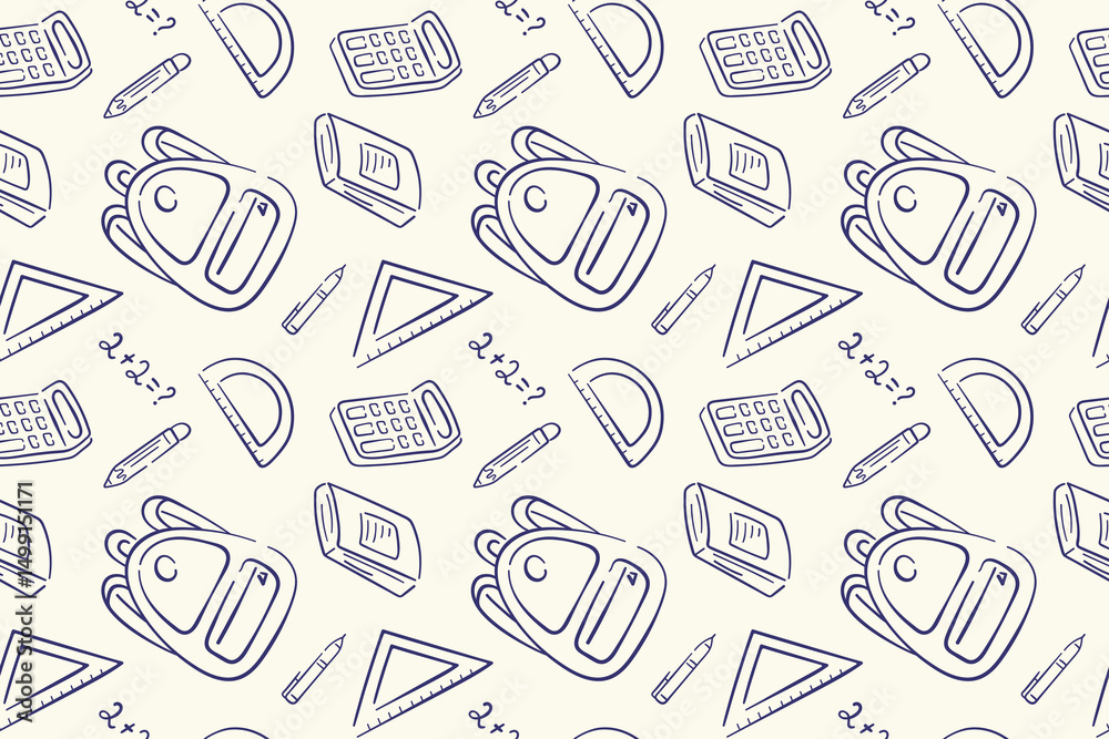 Naklejka premium Doodle style back to school seamless pattern with stationery supplies, exercise book, calculator, backpack, ruler on a beige background.