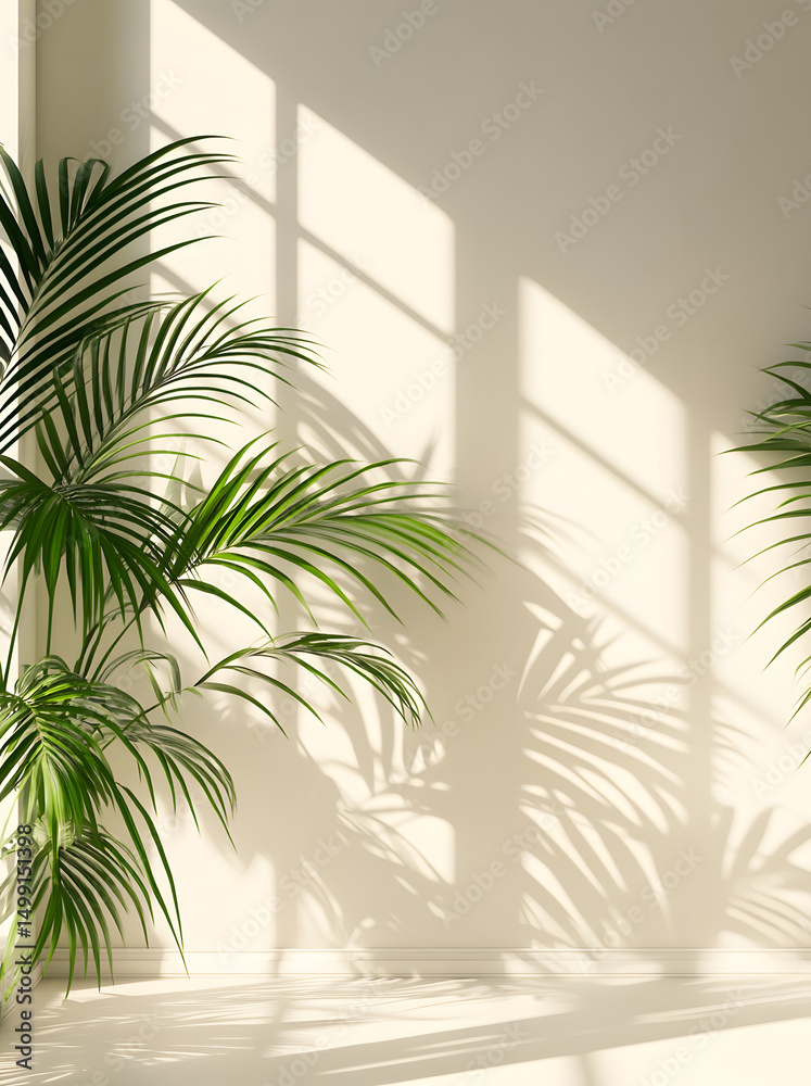 Fototapeta premium Palm leaf shadows create patterns on a white wall and a pastel cream floor. An artistic summer mock-up featuring abstract palm leaf shadows. A light-toned tropical palm mock-up on a neutral backdrop,