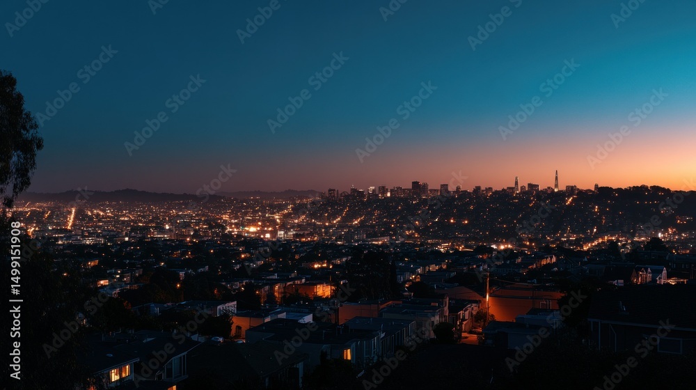 Obraz premium Panoramic vista of a sprawling city illuminated against a twilight gradient sky