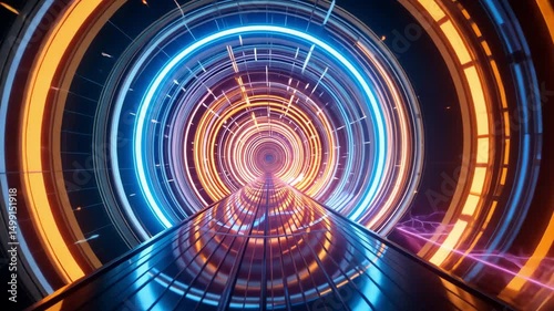 Futuristic digital tunnel with neon lights and symmetrical perspective design representing high-speed data travel, virtual connectivity, and advanced modern technology concepts.
