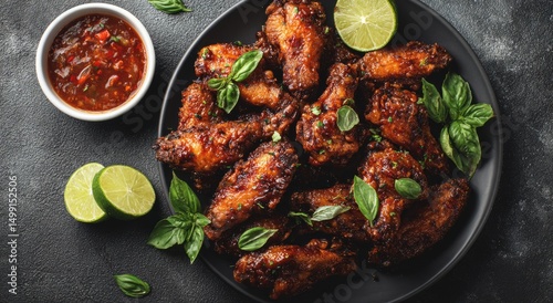 Spicy chicken wings served ...