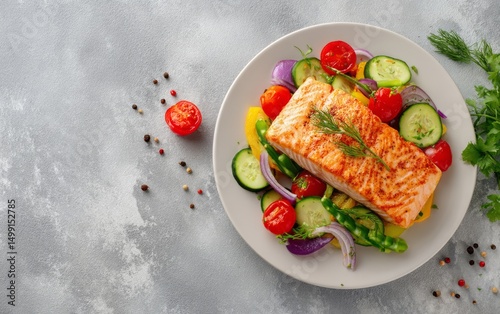 Grilled salmon with colorfu...