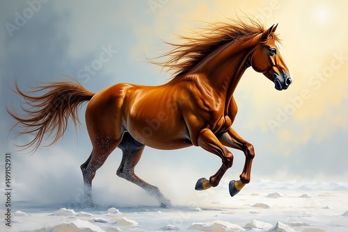 A horse galloping across a cold field