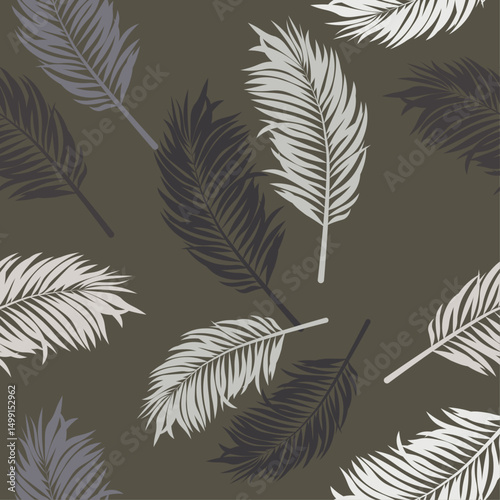 Seamless pattern with white feathers on an olive green background. Soft and airy design.